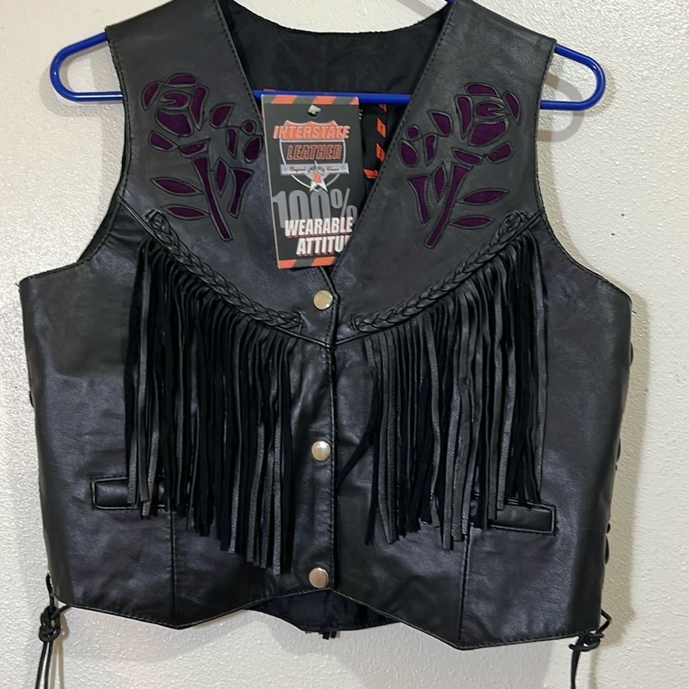 Interstate Leather Women's Black Leather Fringe Vest with Purple Rose Accents